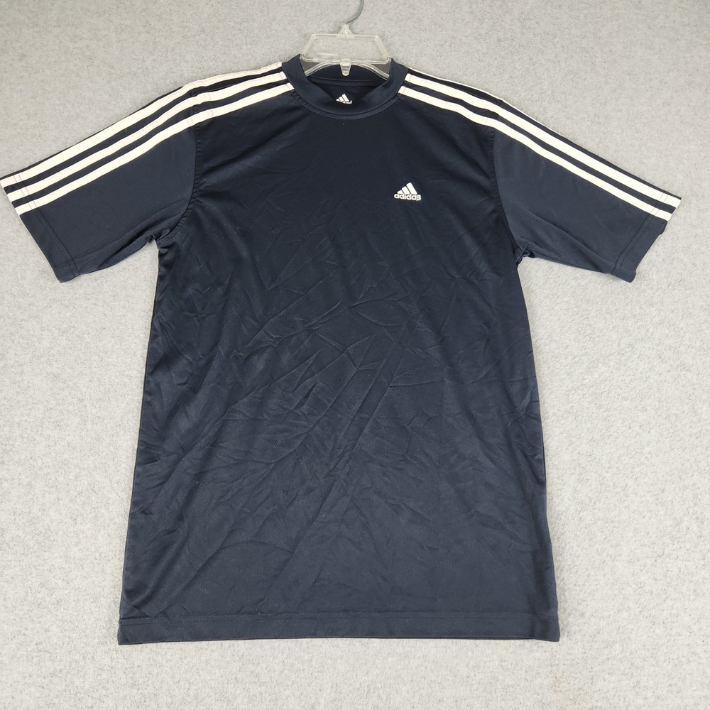 Adidas T-Shirt Women Small Navy Blue Mock Neck 3-Stripe Athletic Performance Tee